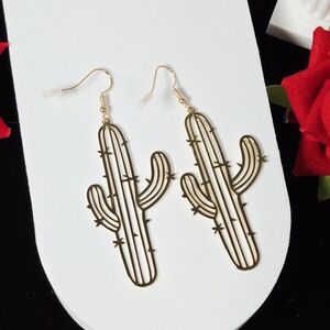 Gold Cactus Drop Earrings Saguaro Desert Boho Western Revival Dangle Statement